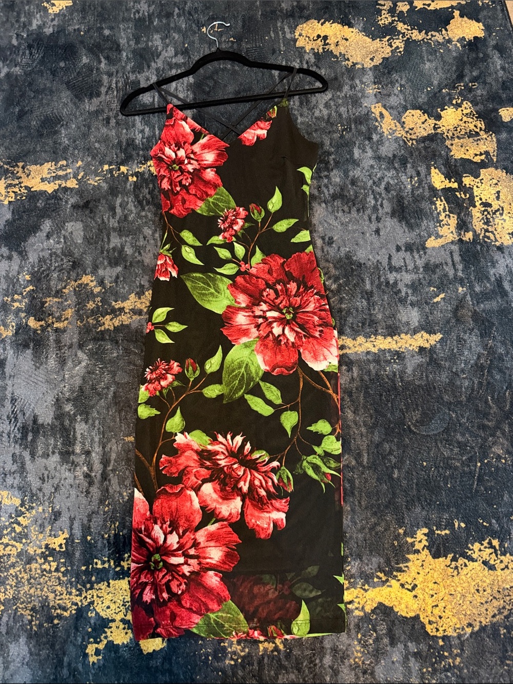 Black Midi Dress with Red Floral Print and Green Leaves